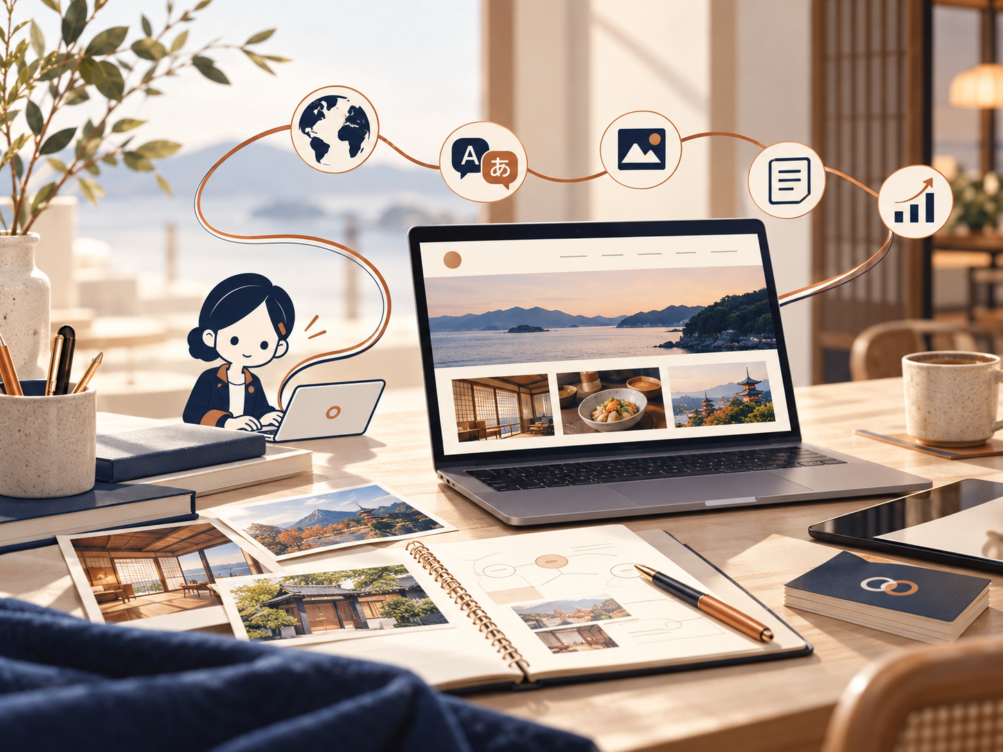 LINCO、ノートパソコン、多言語・Web・画像・文書・成長を表すアイコンがあるAI活用支援の場面